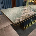 Green Wave Marble Dining Table with Snake-Skin Texture Base & Gold Stainless Steel Accents